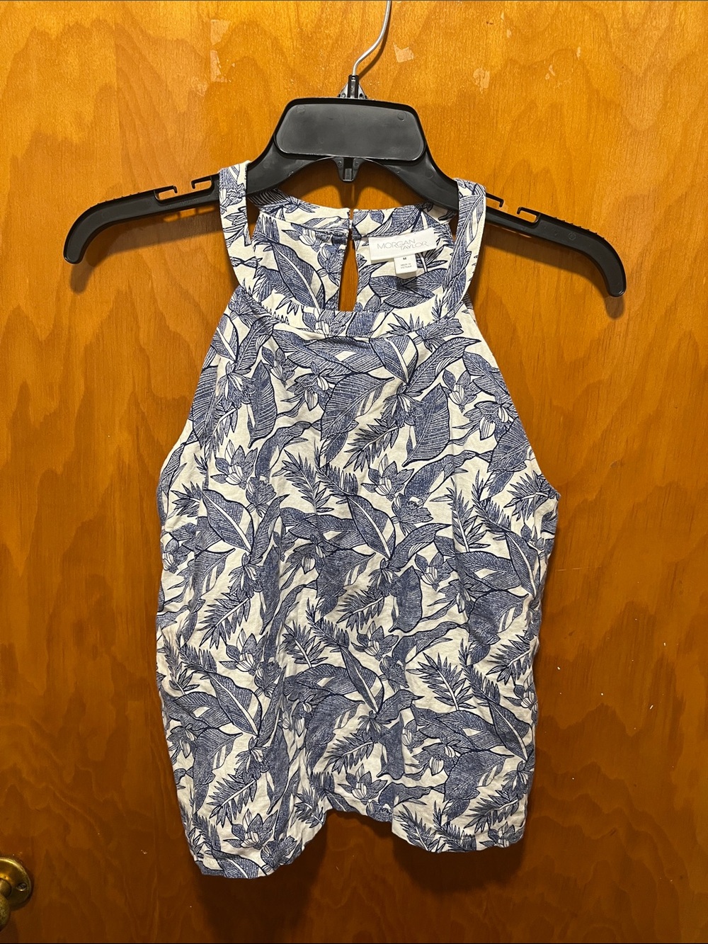 Morgan Taylor Blue and White Leaf-Print Halter Tank
